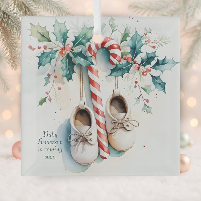 Baby Coming Soon Pregnancy Announcement Christmas Glass Ornament (Christmas Ornament Watercolor Holly, Candy Cane & Baby Booties Pregnancy Announcement)