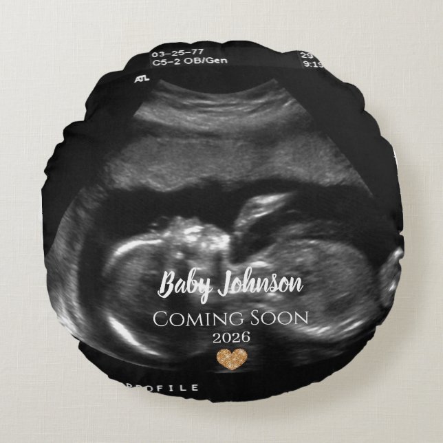 Baby Coming Soon Ultrasound Gold heart  Round Pillow (Front)