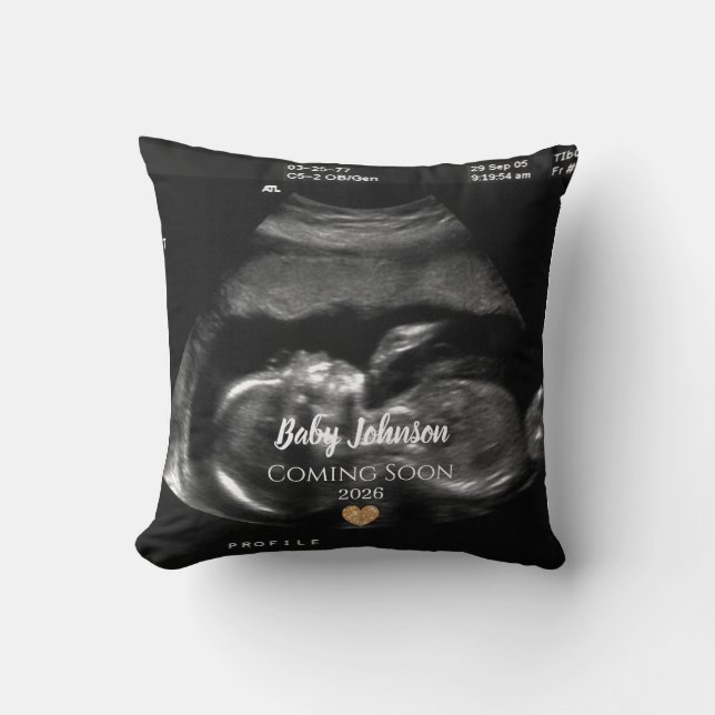 Baby Coming Soon Ultrasound Gold heart  Throw Pillow (Front)