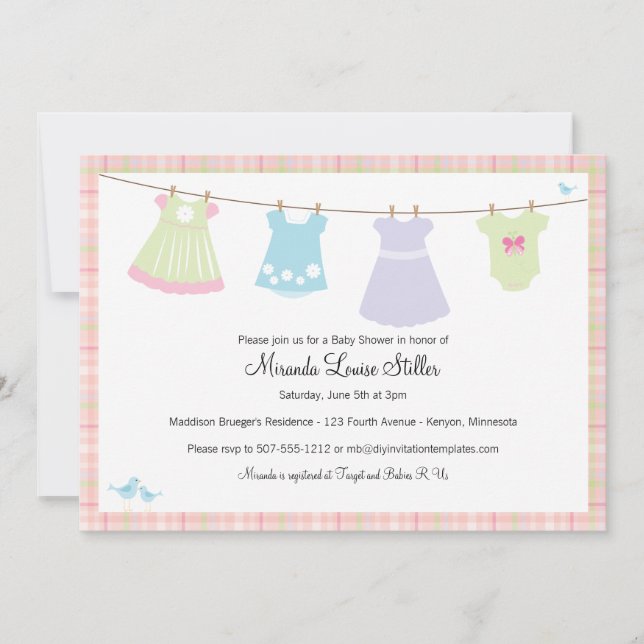 Baby Cothesline (Girl) Shower Invitation (Front)
