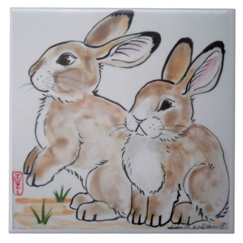 Baby Cottontail Bunny Rabbit Oriental Style Tile