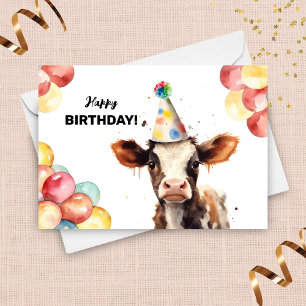 Baby Cow Balloons and Party Hat Farm Birthday Card