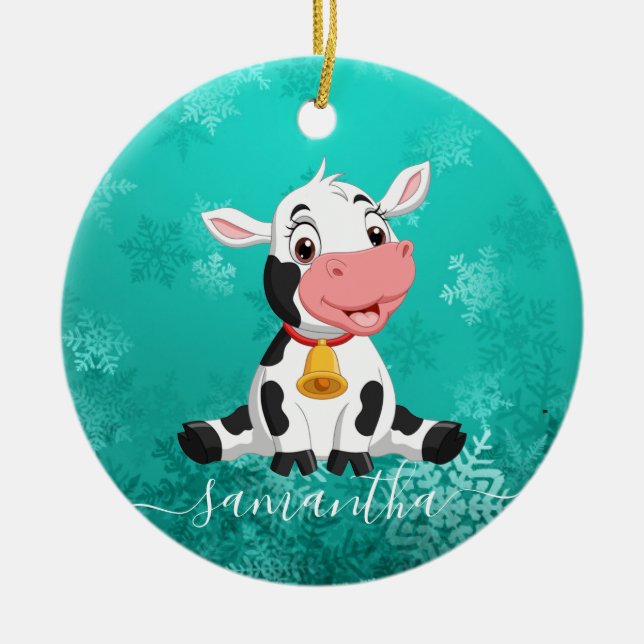 Baby Cow Blue  Ceramic Ornament (Front)