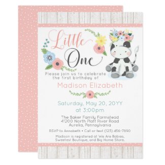 Baby Cow First Birthday Floral Calf on Rustic Wood Invitation
