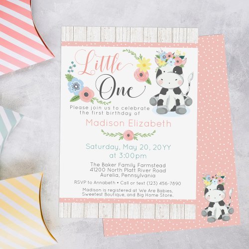 Baby Cow First Birthday Floral Calf on Rustic Wood Invitation