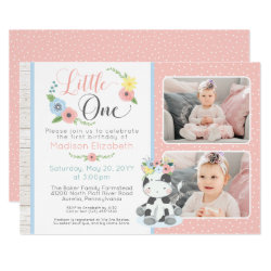 Baby Cow First Birthday Floral Calf Photo Collage Invitation