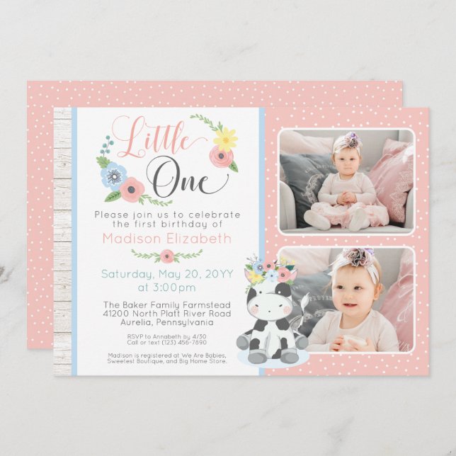 Baby Cow First Birthday Floral Calf Photo Collage Invitation (Front/Back)