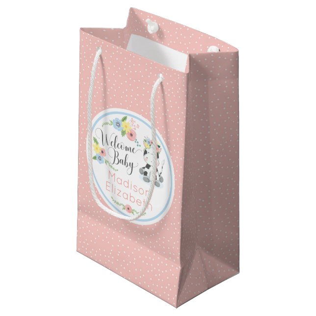 Baby Cow Floral Calf Welcome Baby Custom Small Gift Bag (Front Angled)