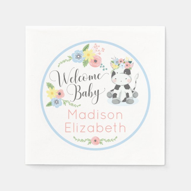 Baby Cow Floral Calf Welcome Baby Shower Party Napkins (Front)