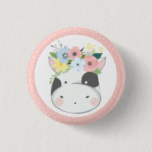 Baby Cow Floral Crown Pastel Pink Farm Barn Party Button