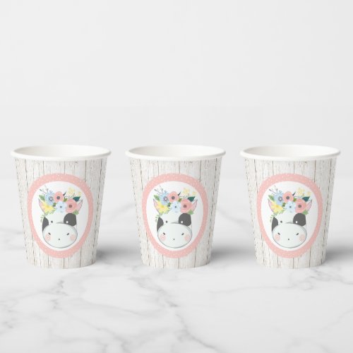Baby Cow Floral Crown Pastel Pink Farm Barn Party Paper Cups