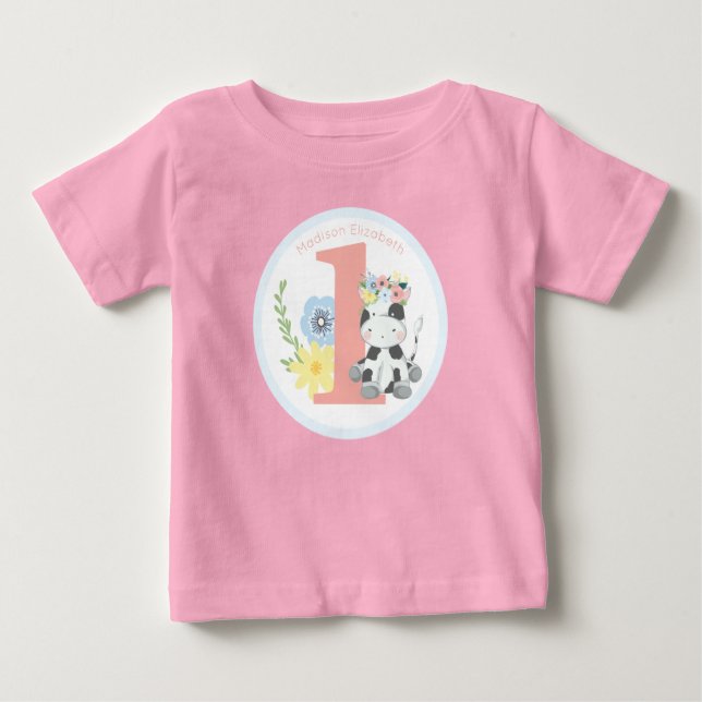 Baby Cow Floral Number One 1st Birthday Party Baby T-Shirt (Front)