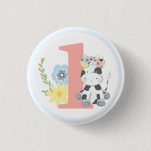Baby Cow Floral Number One 1st Birthday Party Button