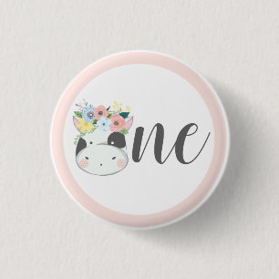 Baby Cow Floral Number One 1st Birthday Party Button