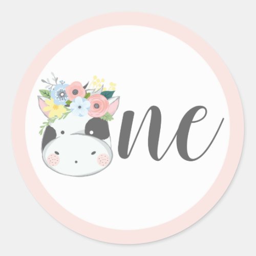 Baby Cow Floral Number One 1st Birthday Party Clas Classic Round Sticker
