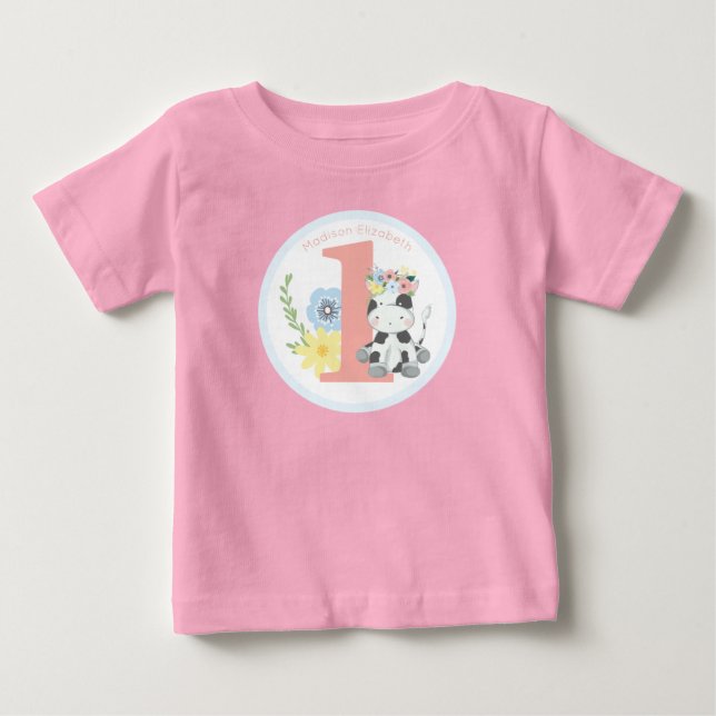 Baby Cow Floral Number One 1st Birthday Party T-Shirt (Front)