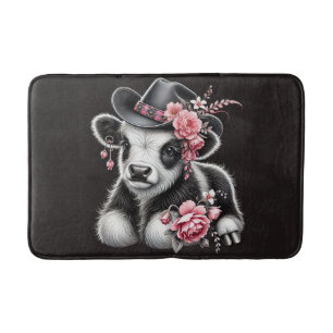 Baby Cow in a Stylish Hat Adorned With Pink Blooms Bath Mat