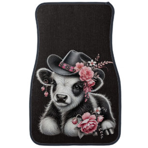 Baby Cow in a Stylish Hat Adorned With Pink Blooms Car Floor Mat