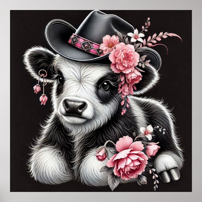 Baby Cow in a Stylish Hat Adorned With Pink Blooms Poster (Front)