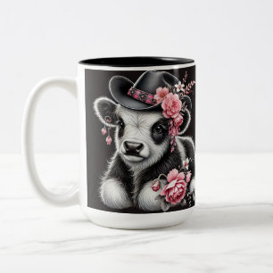Baby Cow in a Stylish Hat Adorned With Pink Blooms Two-Tone Coffee Mug