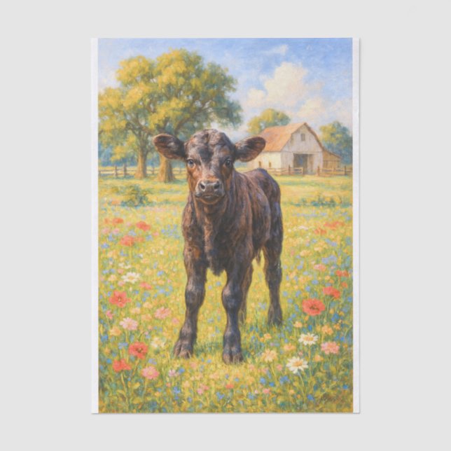 Baby Cow in Pasture Farmhouse Decoupage Paper  (Front)