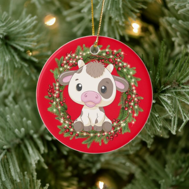 Baby Cow Merry Christmas  Red  Ceramic Ornament (Tree)
