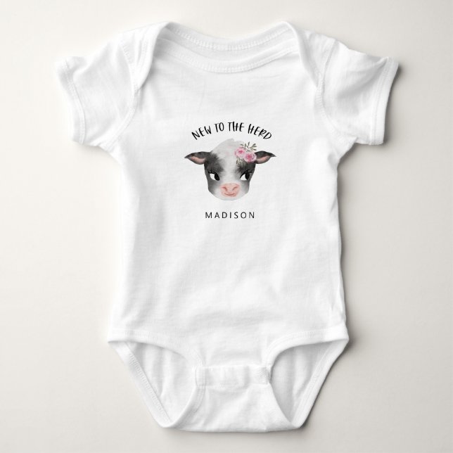 Baby Cow New To The Herd Girl Baby Bodysuit (Front)