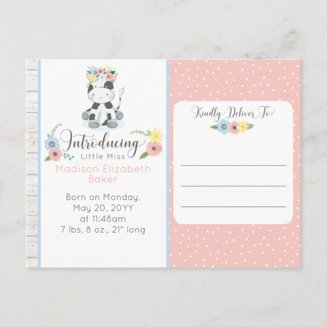 Baby Cow Rustic Floral Baby Birth Announcement Postcard (Front)