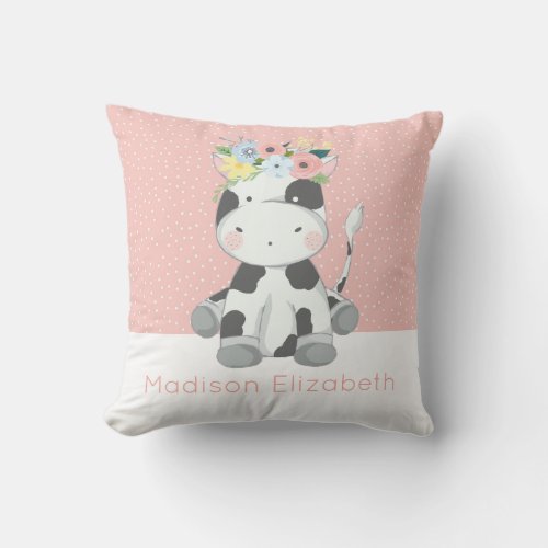 Baby Cow With Floral Crown Custom Name Nursery Throw Pillow