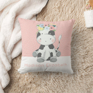 Baby Cow With Floral Crown Custom Name Nursery Throw Pillow