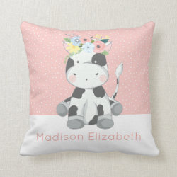 Baby Cow With Floral Crown Custom Name Nursery Throw Pillow