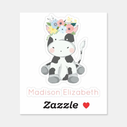 Baby Cow With Floral Crown Nursery Custom Name Sticker