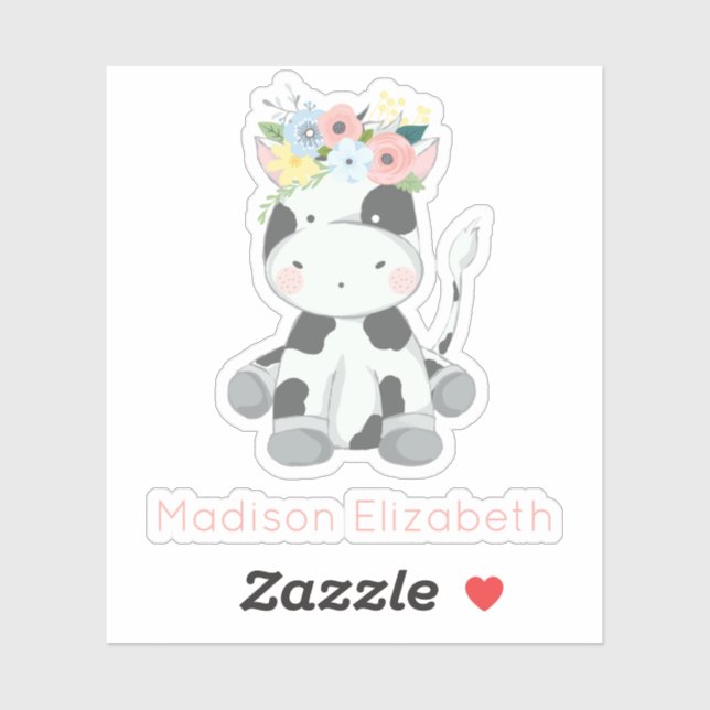Baby Cow With Floral Crown Nursery Custom Name Sticker (Sheet)