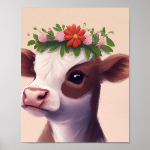 Baby Cow with Flower Crown Poster