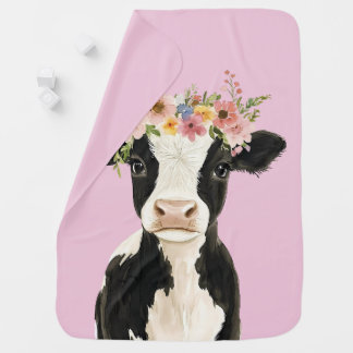 Baby Cow with Wreath Pink Baby Blanket
