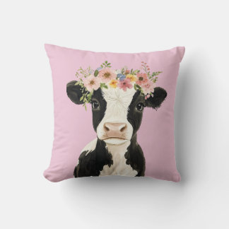 Baby Cow with Wreath Pink Throw Pillow
