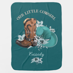 Baby Cowgirl cowboy boots hat turquoise brown name Blanket