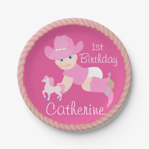 Baby Cowgirl With Pink Hat And Boots Birthday Paper Plates