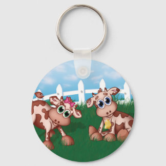 Baby Cows on a Hill Side With White Fence in Back Keychain