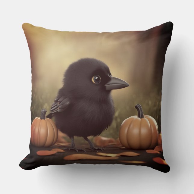 Baby Crow in the Pumpkins Throw Pillow (Front)