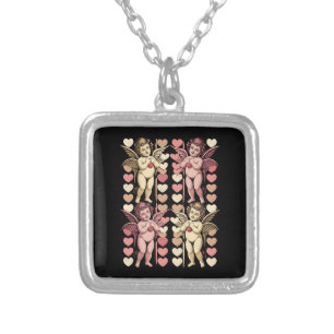 Baby Cupid Coquette bow Retro Valentines Day Silver Plated Necklace