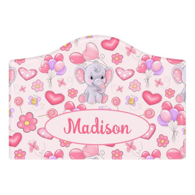Baby Custom Name Cute Pink Elephant Door Sign  (Small Crest Front)