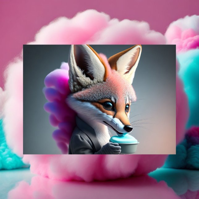 Baby, cute, cartoon grey Fox eating cotton candy Postcard (Creator Uploaded)