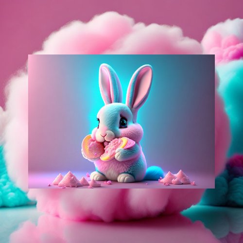 Baby cute cartoon pink bunny eating candies postcard