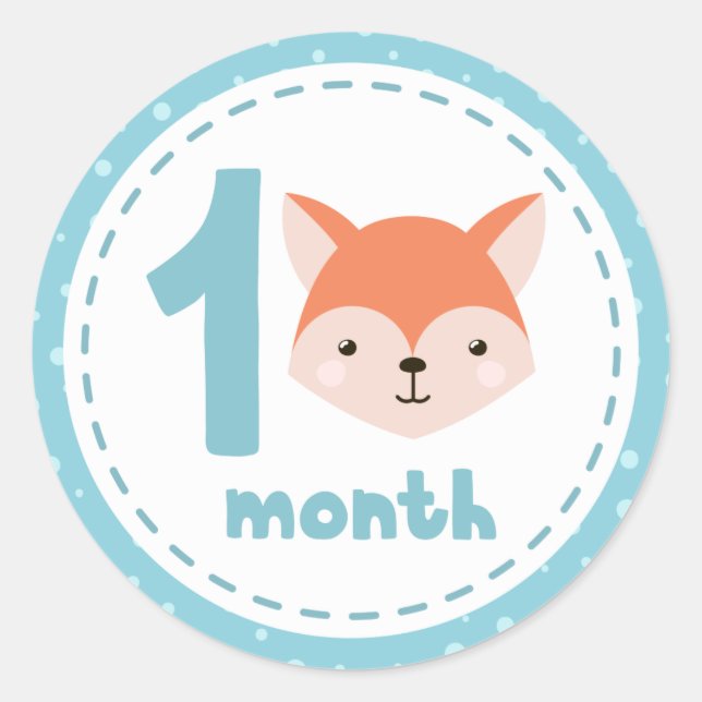 *~* Baby Cute Fox Powder Blue Milestone Classic Round Sticker (Front)