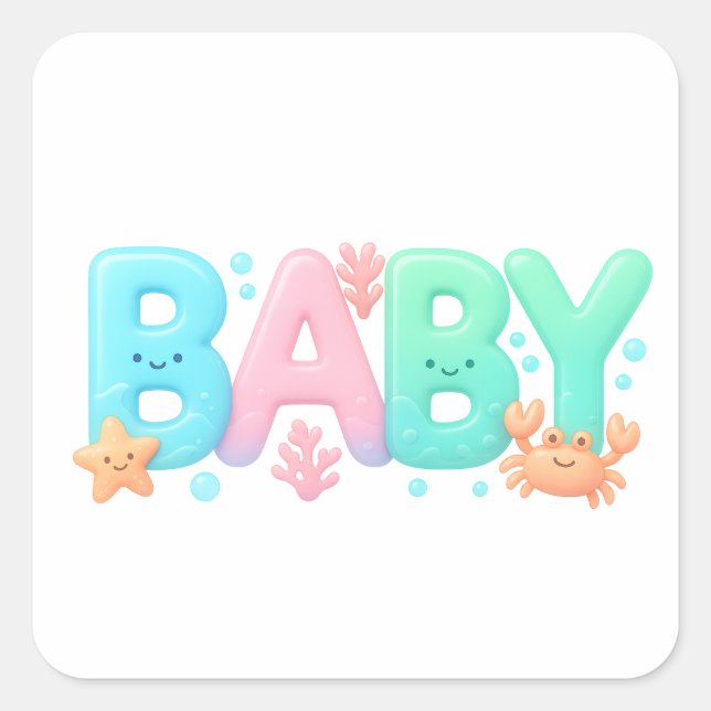 BABY Cute Ocean Pastel Glossy Text Square Sticker (Front)