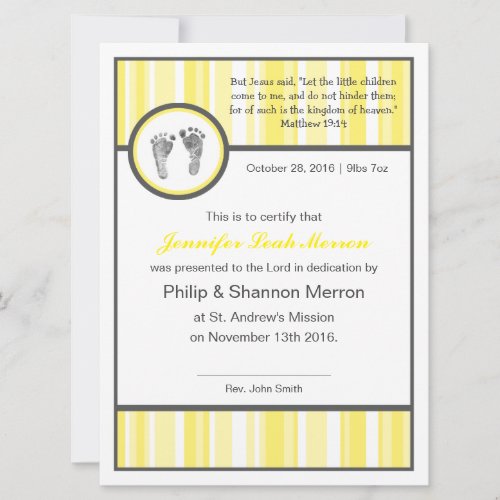 Baby Dedication Certificate Yellow Stripes Invitation