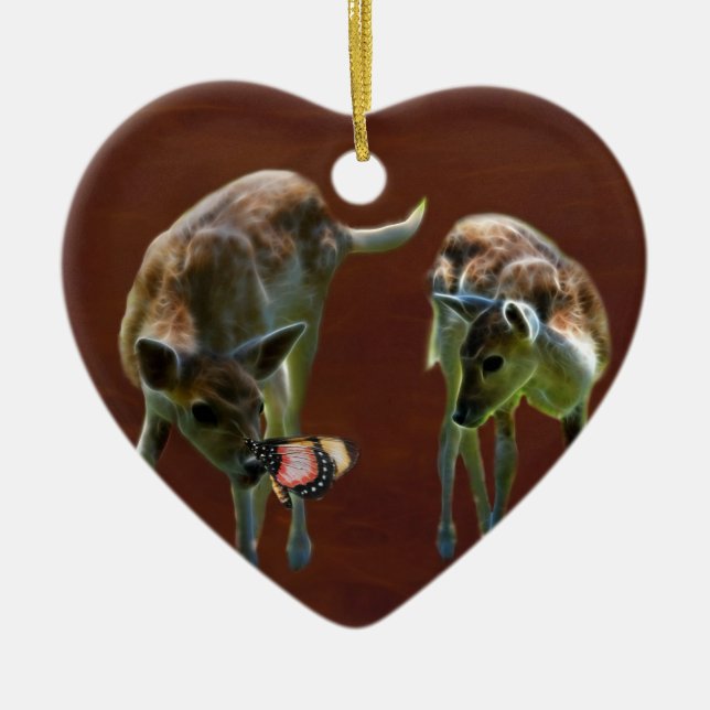 Baby Deer and butterfly Ceramic Ornament (Front)