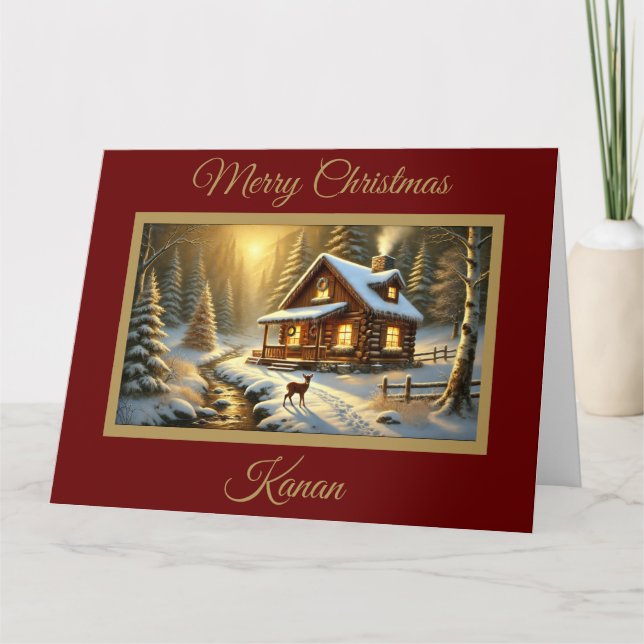 Baby Deer at Forest Cabin Christmas Card (Front)