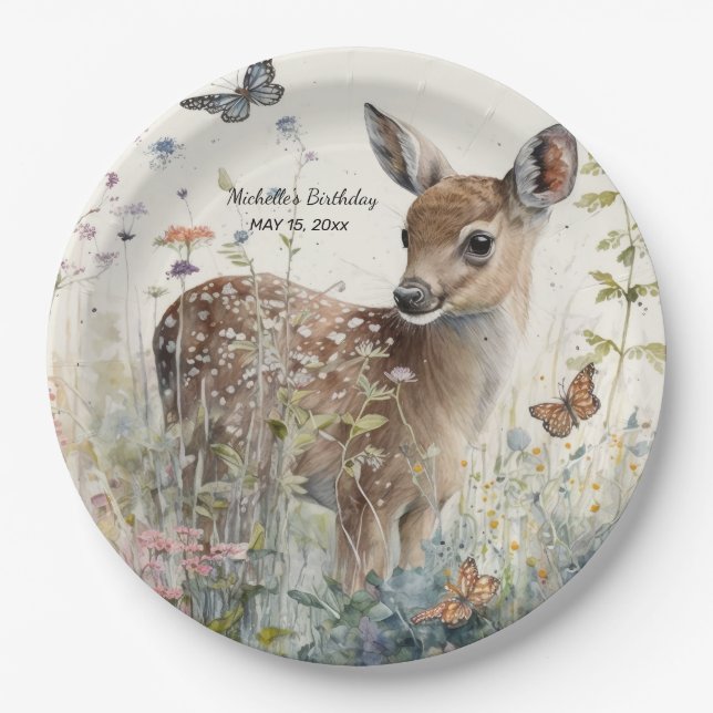 Baby Deer Butterflies Birthday Party Name Date  Paper Plates (Front)